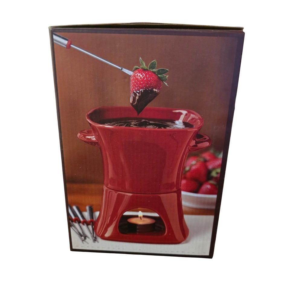 Williams Sonoma Red Stoneware Fondue Set Pot 6 Forks Tealight 1388842 2009